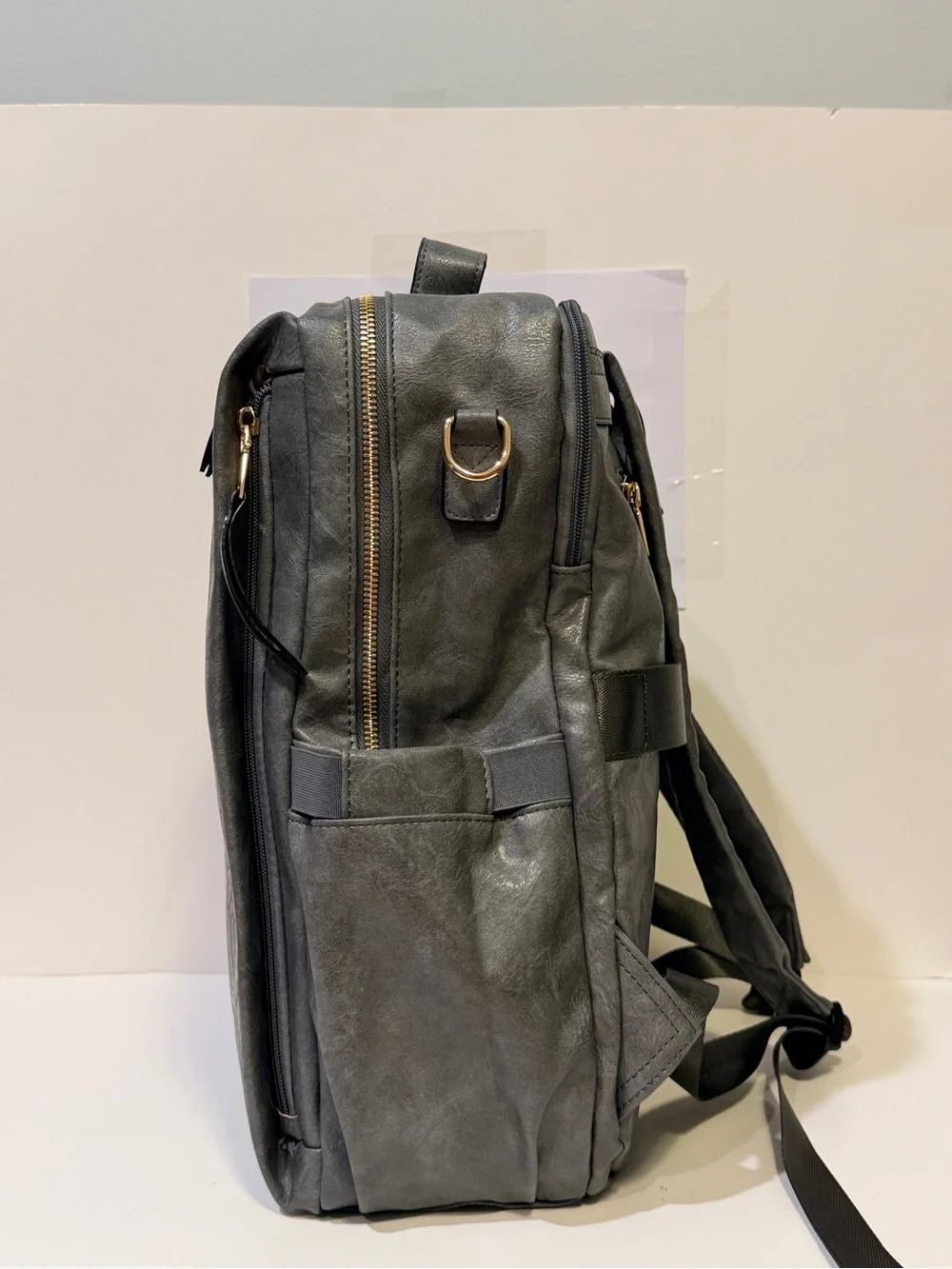 NWOT MyFriday Gray Faux/PU Leather Backpack with Striped Detachable Strap